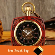 Квадратный гравировкой натурального дерева Механические карманные часы с ручным заводом Золотой, в стиле панк цепи Винтаж Подвесные часы с черная сумочка