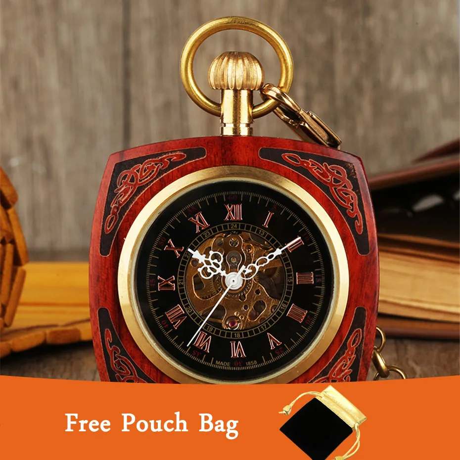 Gravado de Madeira Relógio de Bolso Relógio com Bolsa Quadrado Real Mecânico Enrolamento Ouro Punk Corrente Vintage Pingente Preta Bolsa Mão