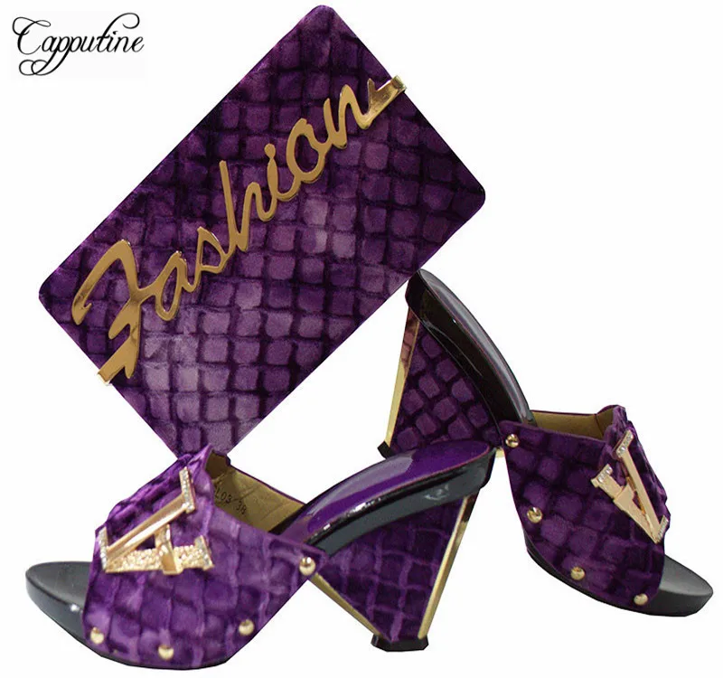 

Capputine Purple Color Summer Design Woman Shoes And Purse Set African Flannelette High Heels Shoes And Bag Set For Party GL03