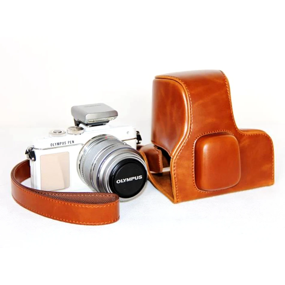 Kaufen PU leder Kamera Tasche Fall Abdeckung Tasche für OLYMPUS Pen E PL7 E PL8 EPL7 EPL8 mit 14 42mm Objektiv mit Strap Schutzhülle