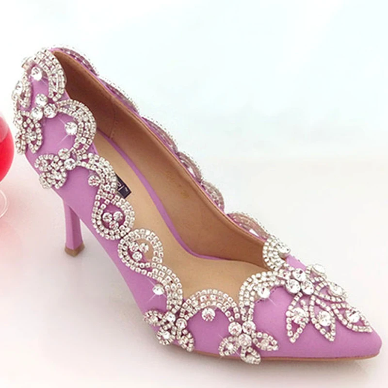 Glamorous Popular Purple Wedding Shoes Bridal Party High Heels with Rhinestone Pointed Toe Three 