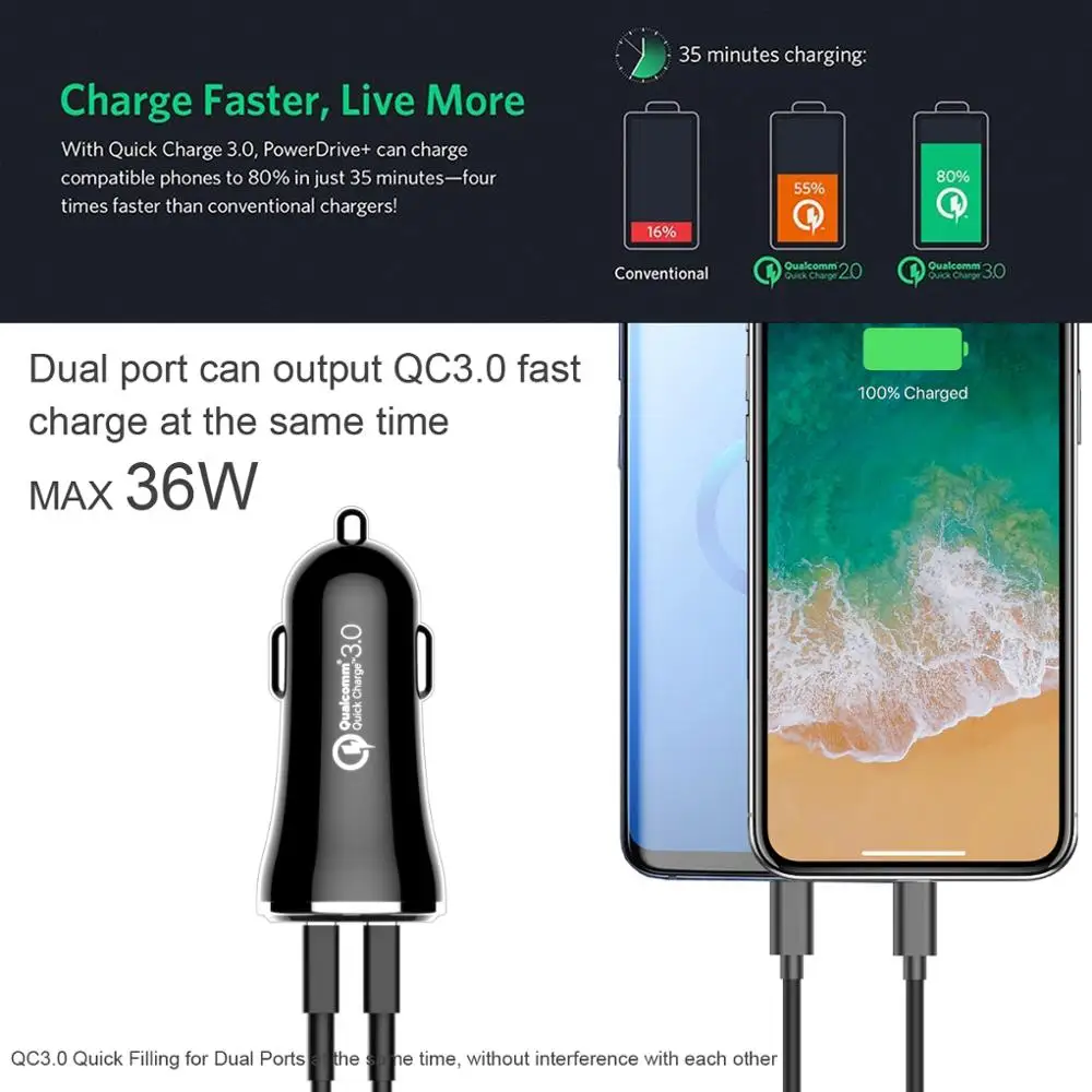 سريع تهمة 3.0 39 W المزدوج USB شاحن سيارة ، powerDrive سرعة 2 ل غالاكسي S7/S6/حافة/زائد ، و PowerIQ USB إلى نوع-C كابل