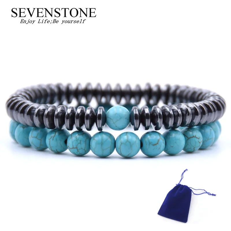 

SEVENSTONE Charm 8MM Natural Stone Bracelet Men and Women Couple Set Black Gallstone Bracelets for Lover To Send Favorite People