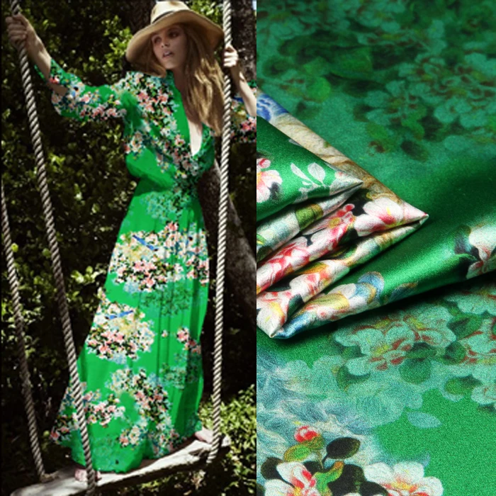 118 см шириной 19 мм 93% шелк и 7% Спандекс Цветочный зеленый шелковый атлас стрейч ткань для платья рубашки одежда cheongsam D815