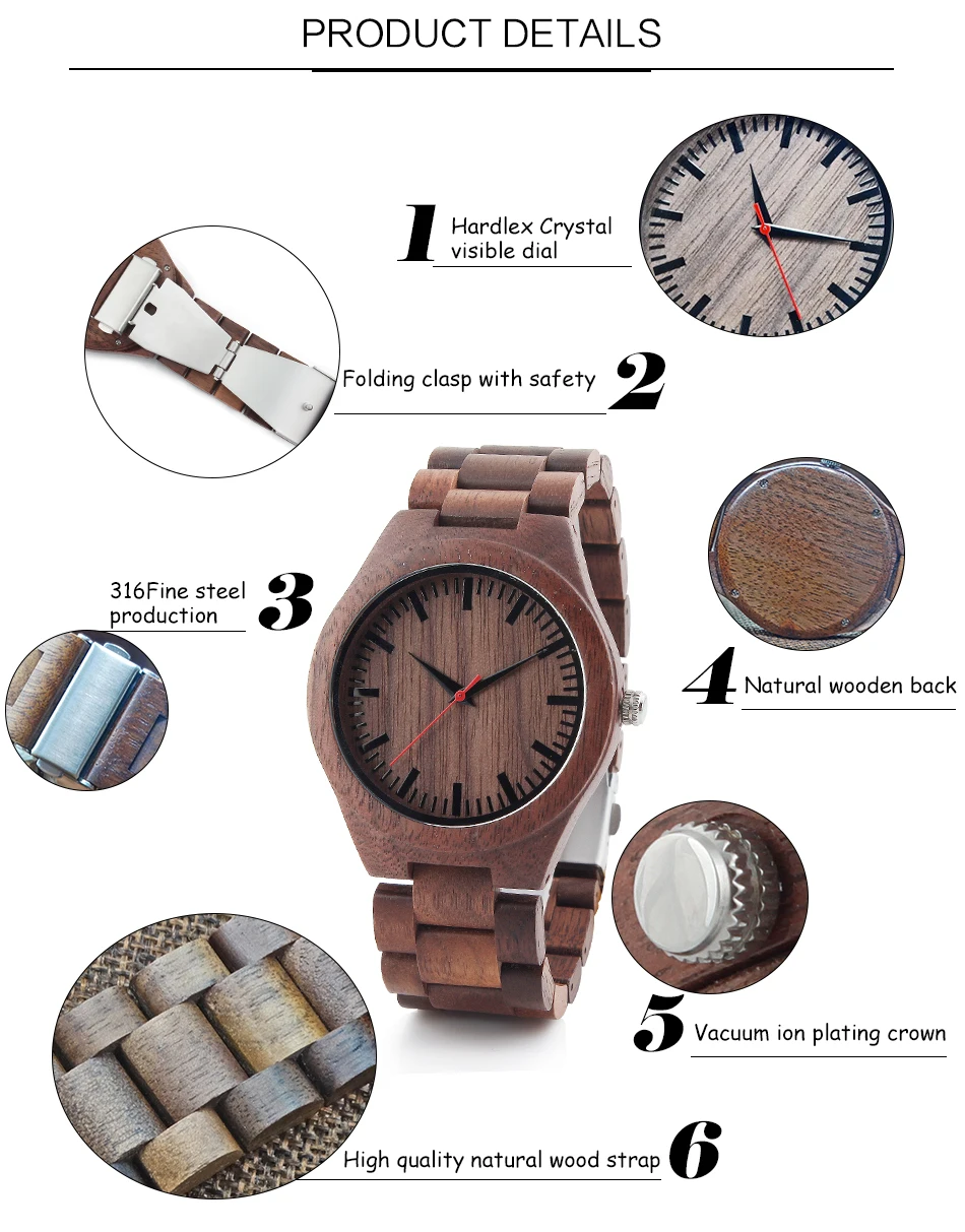Мужские часы из орехового дерева, повседневные кварцевые наручные часы, полностью из натурального дерева, мужские часы, модные мужские наручные часы с браслетом