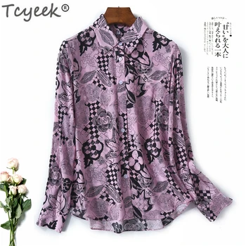 

Tcyeek 100% Real Silk Blouse Womens Tops and Blouses Long Sleeve Elegant Spring Ladies Shirt Korean Fashion Clothing LWL1821