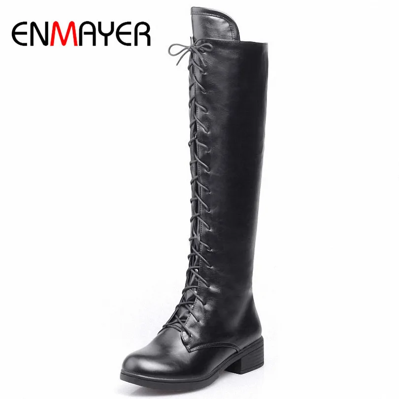 ENMAYER New Fashion Lace Up Autumn Knight Boots for Women Shoes Winter Women Motorcycle Boots Round