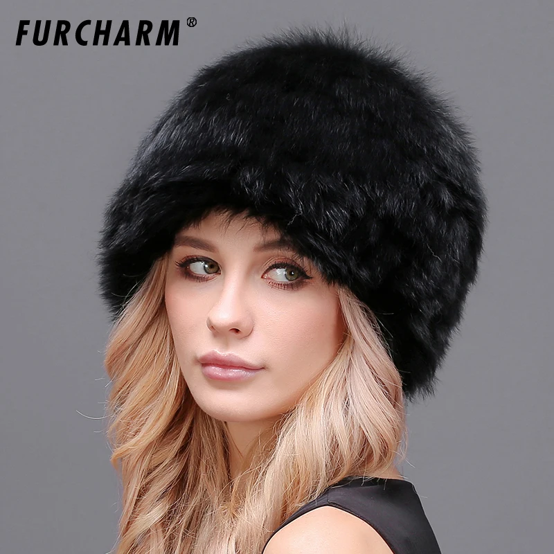 Fox Fur Hats for Women Winter Warm Black Silver Fox Fur Women Beanie