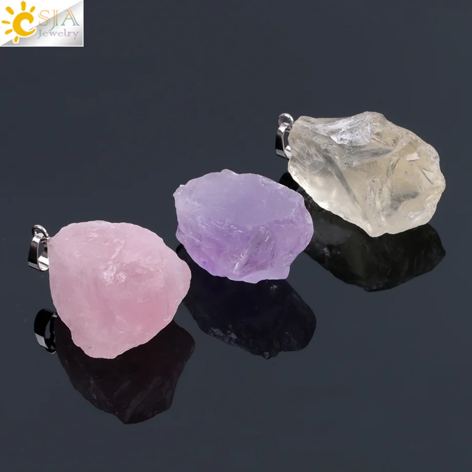 

CSJA Natural Gem Stones Clear Crystal Necklaces & Pendants Reiki Healing Irregular White Yellow Purple Pink Quartz Pendulum F070
