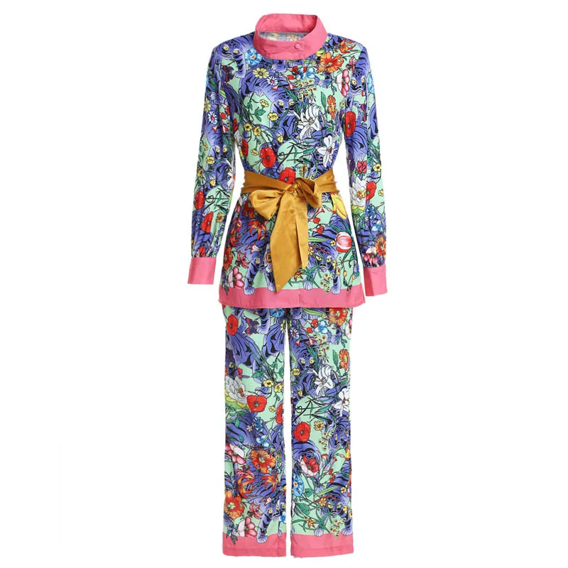 

European Women Plus Size Pants Suits Long Shirt Pencil Trousers Beautiful Flowers Print Runway Vintage 2 Pieces Pants Sets