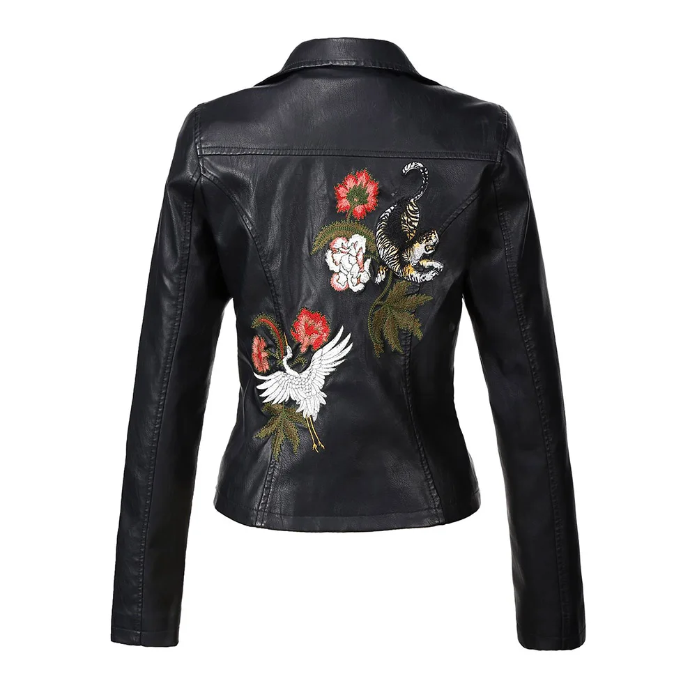 Hiver Manches Pour Automne Pu Noir Zipper Manteaux Gothique Femmes Fleur Longues Broderie Survêtement Moto De Veste Mode Mince 0FInBFwdq