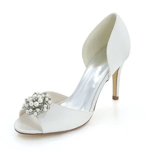 Creativesugar satin D'orsay жемчужные стразы очаровательные туфли-лодочки с открытым носком для невесты Свадебная вечеринка Элегантное платье отдельно, туфли-лодочки на высоком каблуке - Цвет: Pure white
