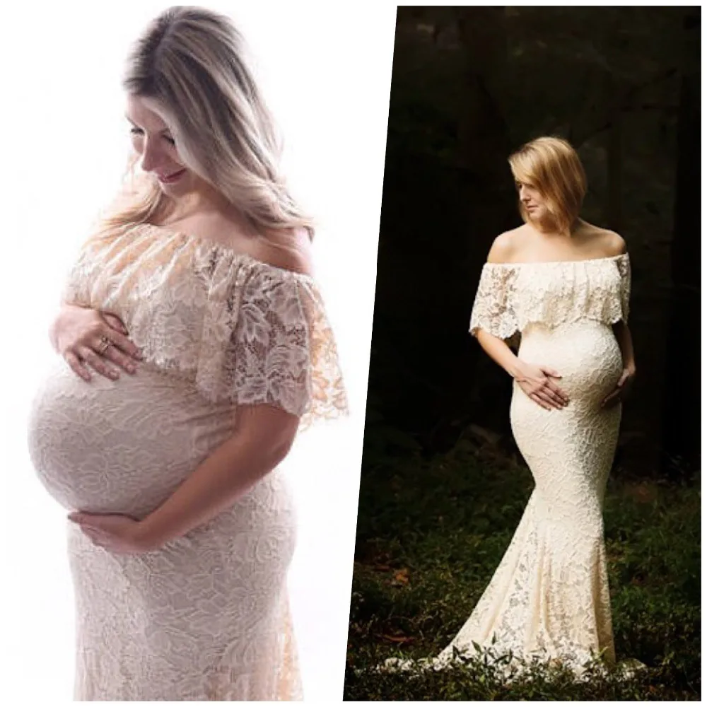 

Maternity Photography Props Dresses Gown Long Lace Shoulderless Dress Transparant Pregnancy Clothes For Pregnant Women Vestdios