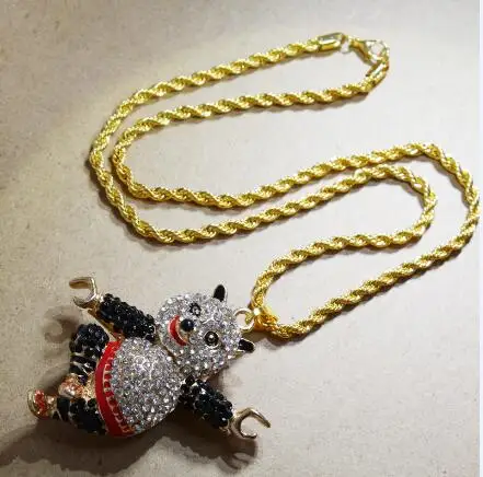 Karopel, колье в стиле хип-хоп со льдом, полностью покрытые Стразы, ожерелье с подвеской в виде панды кунг-фу, 24 дюйма, цепочка с веревкой - Окраска металла: Gold