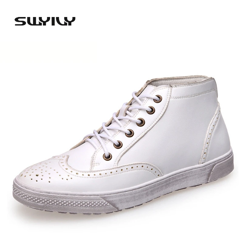 

SWYIVY PU High-top Retro Style Skateboarding Shoes Lacing Flat Heel Breathable Solid Color Spring Autumn Anti-slip Men Sneakers