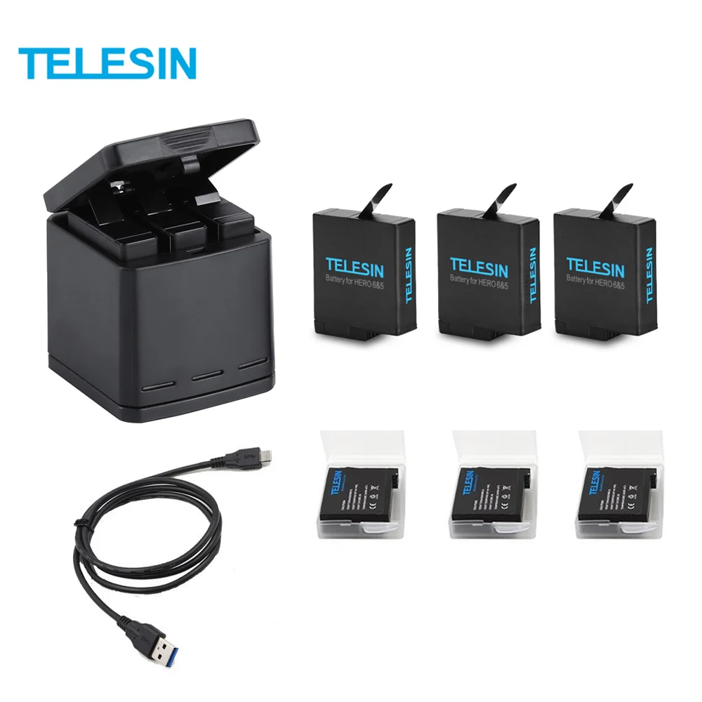 TELESIN 3-way Battery Charger and 2 Batteries Kit, Charging Storage Box with Replacement Battery for GoPro Hero 5 7 Black Hero 6 TELESIN 3-way Battery Charger and 2 Batteries Kit, Charging Storage Box with Replacement Battery for GoPro Hero 5 7 Black Hero 6