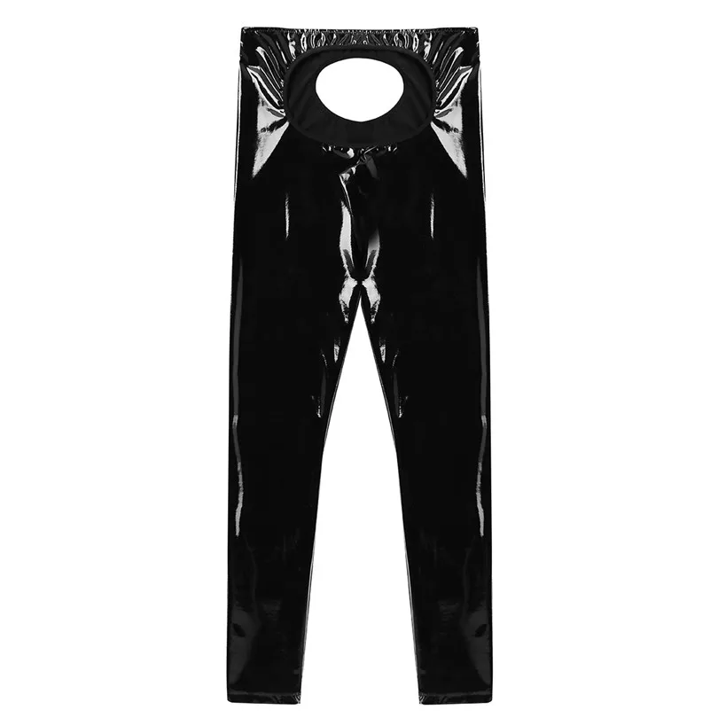Black Mens Lingerie Wetlook Shiny Patent Leather Legging Pants Slim Fit Open Back and Open Pouch Tight Pants Leggings Trousers