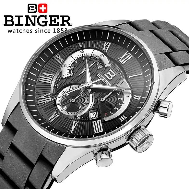 

Switzerland Relogio Masculino Luxury Brand Wristwatches BINGER Quartz Silicone strap Chronograph Diver Male clock BG-0407-3