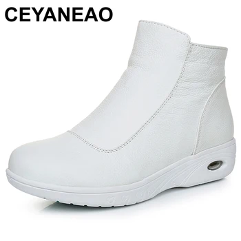 

CEYANEAOFull Grain Leather Snow Boots Women Flat Shoes ZipWalking Ankle Boots Ladies Plush Round Toe Genuine Leather Short Boots