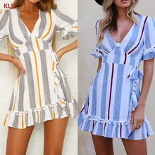 KLV Women V-Neck Striped Short Sleeve Mini T-Shirt Dress Ruffle Hem A-Line Fashion KLV Women V-Neck Striped Short Sleeve Mini T-Shirt Dress Ruffle Hem A-Line Fashion