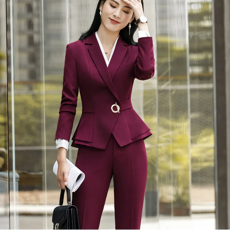 High quality winter suit for women two pieces set formal long sleeve slim blazer and trousers office ladies plus size work wear