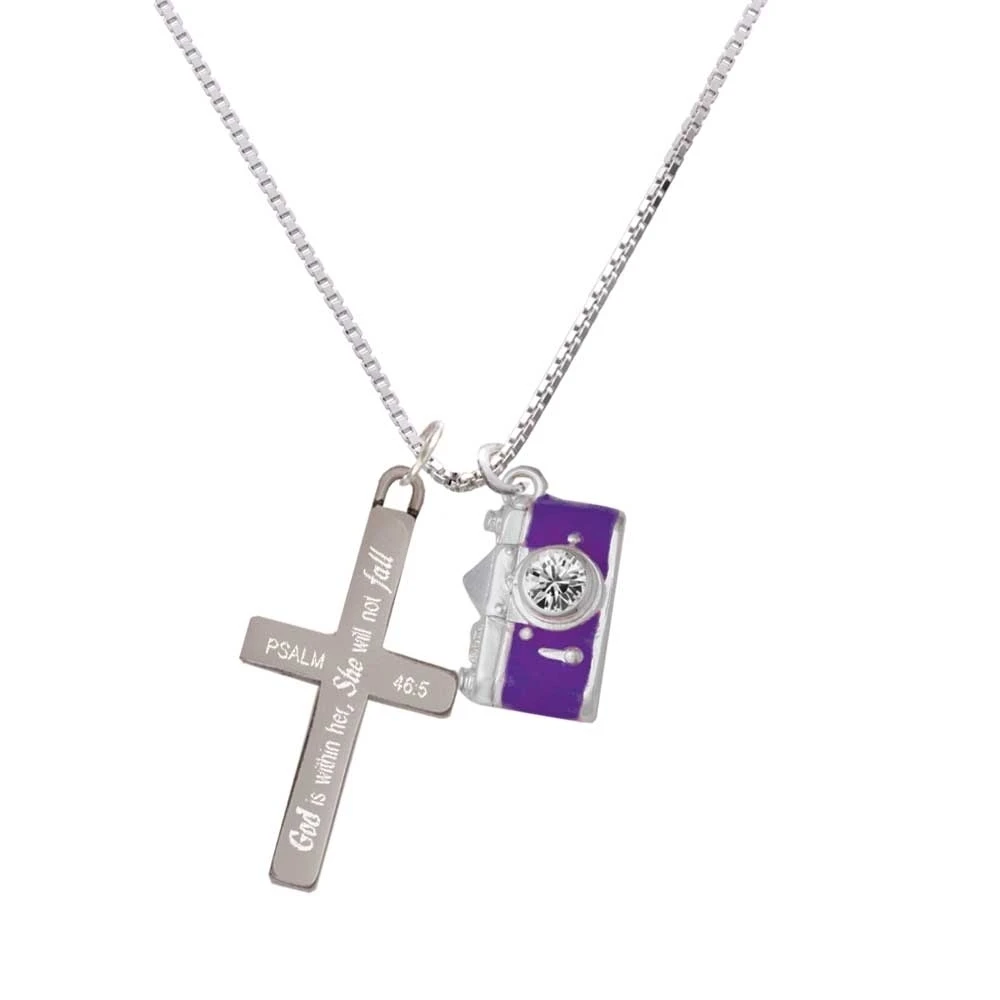 Purple Camera - She will not Fall - Cross Necklace