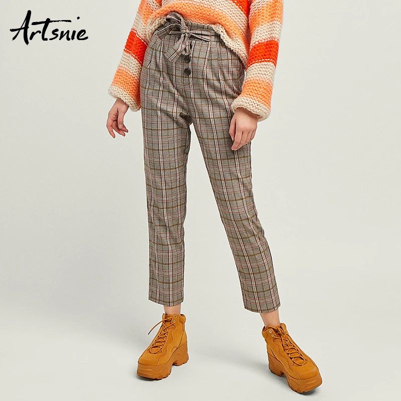 

Artsnie Spring 2019 Khaki Plaid Linen Pant Women High Waist Pockets Button Sashes Casual Trousers Femme Elegant Bow Winter Pants
