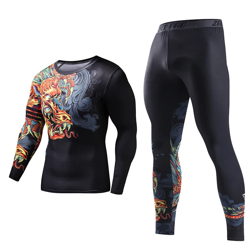 

ZRCE Costume 3d Chinese Dragon Tracksuits Plus Size Skinny Men Compression Two Piece Set Funny T Shirt Fashion Full Men Suits