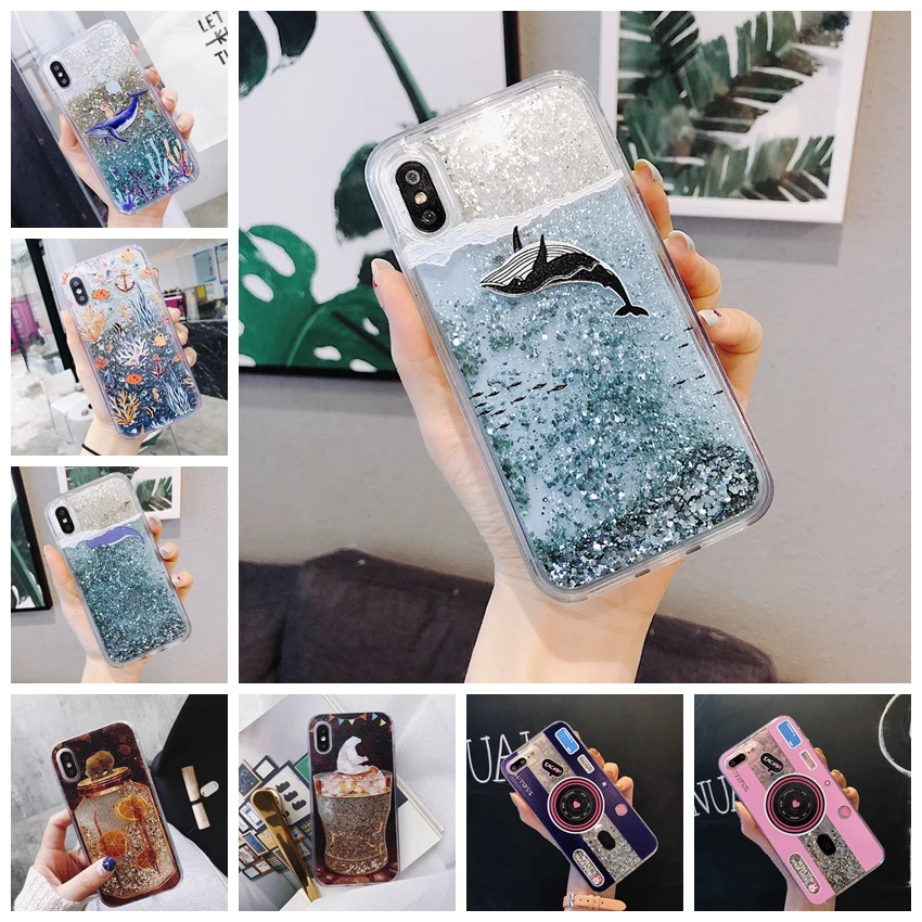 

Luxury Cartoon Whale Fish Phone Case For iPhone 8 Plus X 7 Plus 6 6S Plus XS MAX XR Glitter Dynamic Liquid Quicksand Case