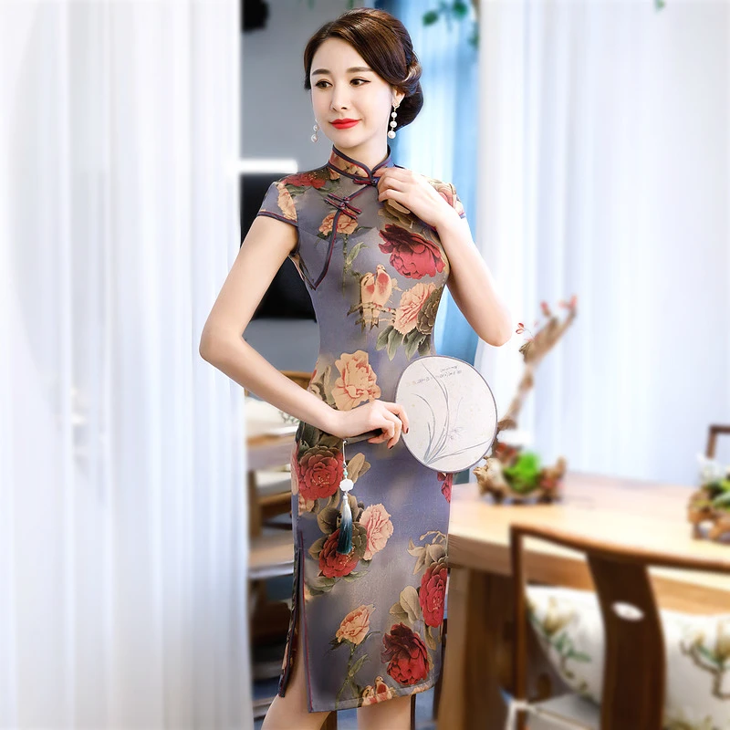 

Sheng Coco Lady Short Flowers Cheongsam Dresses Cloud Yarn Printing Peony Flowers Traditional Chinese Dress Cheongsam Chipao