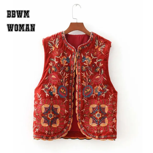 Velvet Embroidery Women Vest Red Color Fashion Outerwear Waistcoat