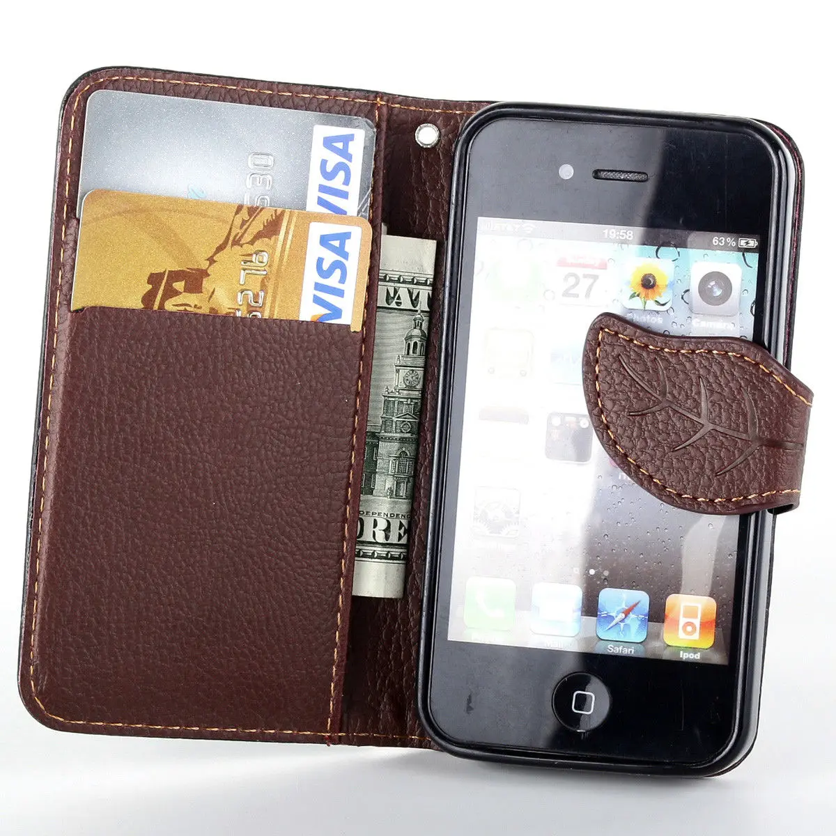 Card Slot Wallet Case Cover for Apple iPhone 4 4s Leaf Clasp Case Flip