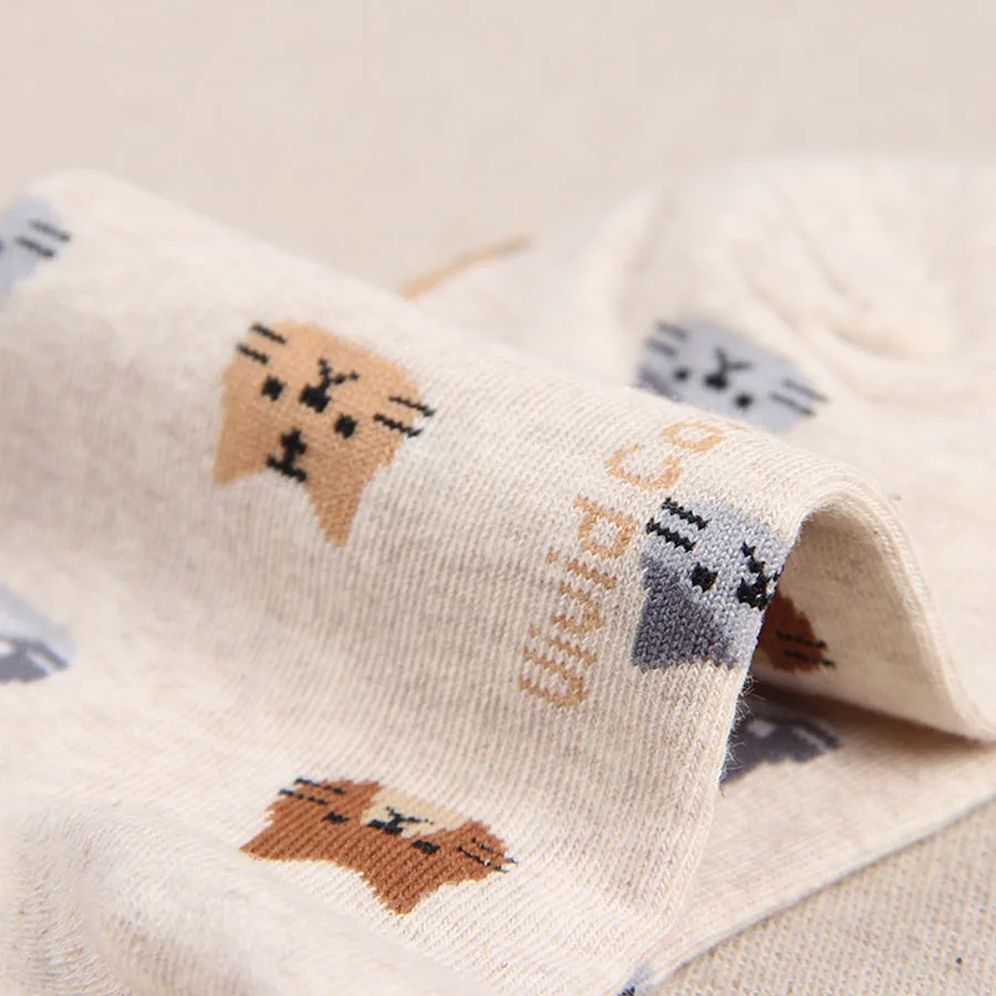 Women's Cute Cat Print Thick Cotton Socks Beige Details 3 