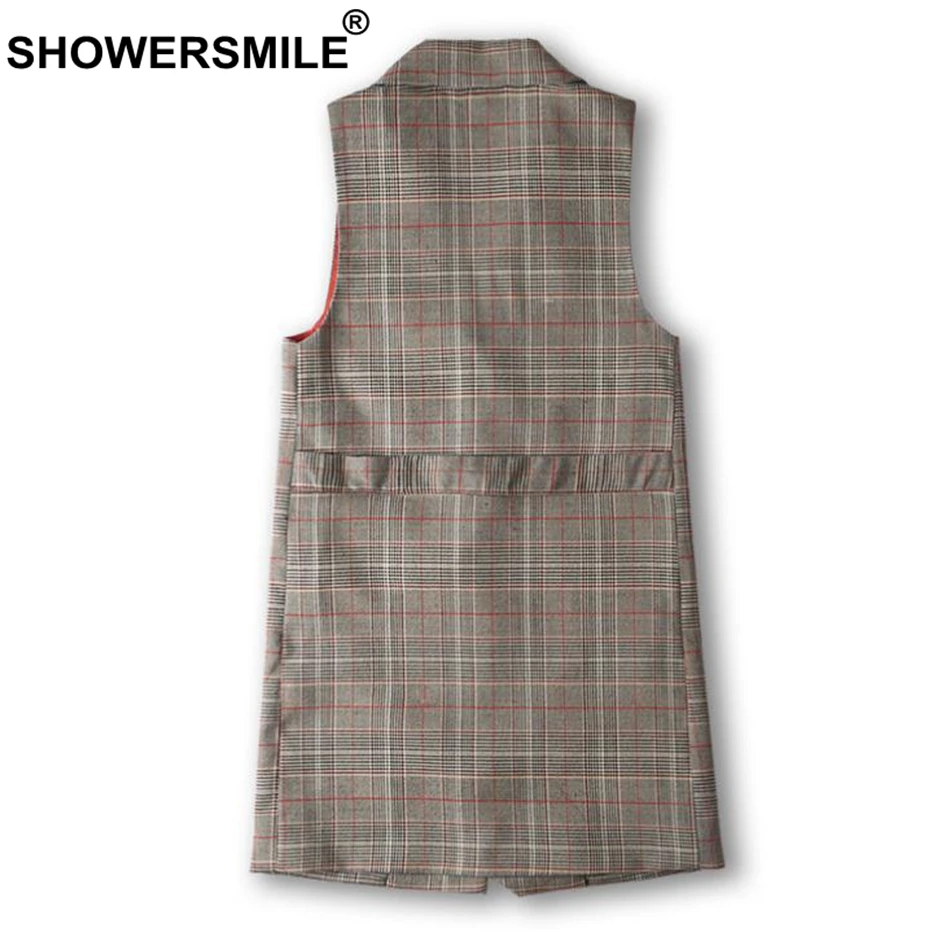 SHOWERSMILE 2018 Long Vest Women Plaid Waistcoat Khaki Office Gilet Female Checkered Pockets Designer Autumn Sleeveless Jackets