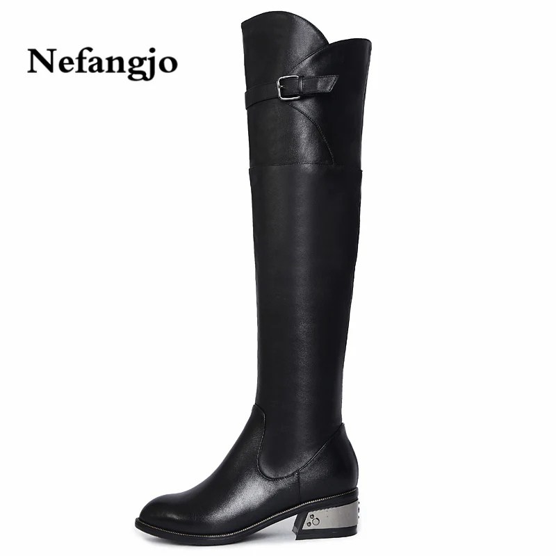 

Nefangjo new boots in autumn and winter 2018 are full leather thick and low heel knee-high boots belt buckles knight boots