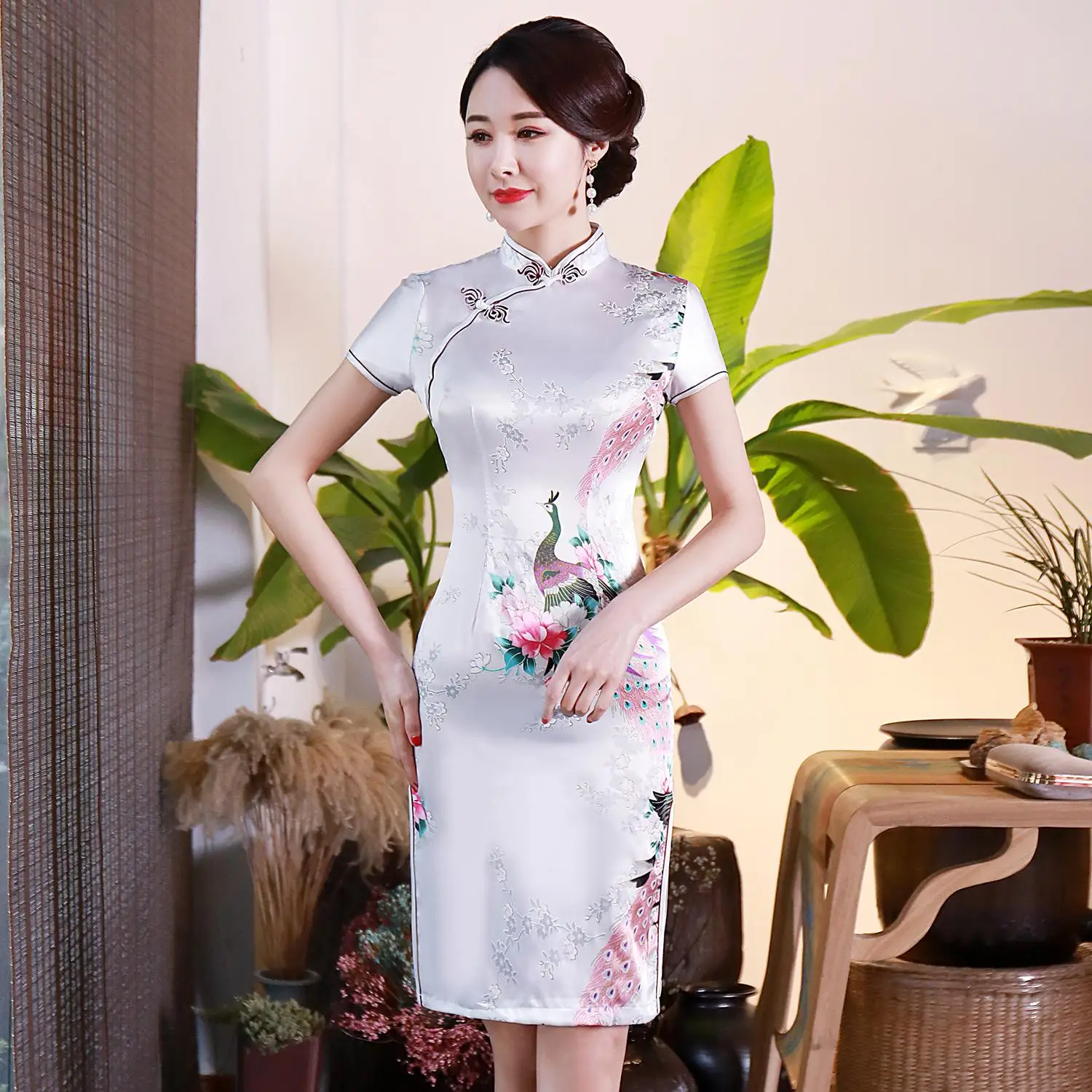 Белое классическое женское свадебное платье Cheongsam в традиционном китайском стиле с цветочным принтом, тонкое атласное платье Qipao Vestidos размера плюс 3XL 4XL - Цвет: Style A