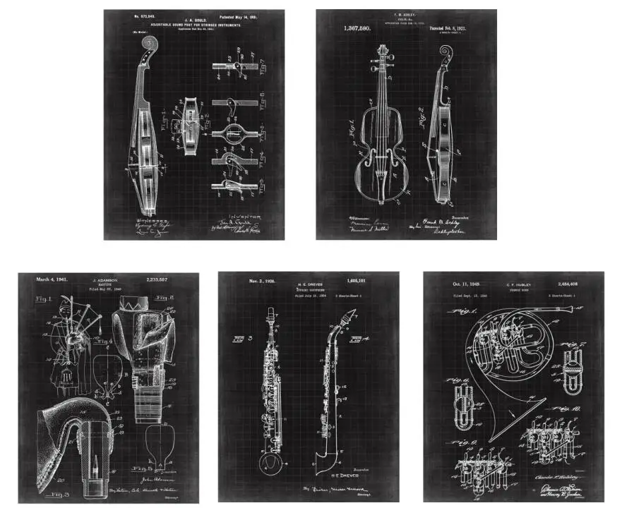 Винтажный лакированный художественный инструмент G2 Виолончель скрипка Волынка саксофон французский Рог патент арт принты/плакат ретро искусство 5 в 1