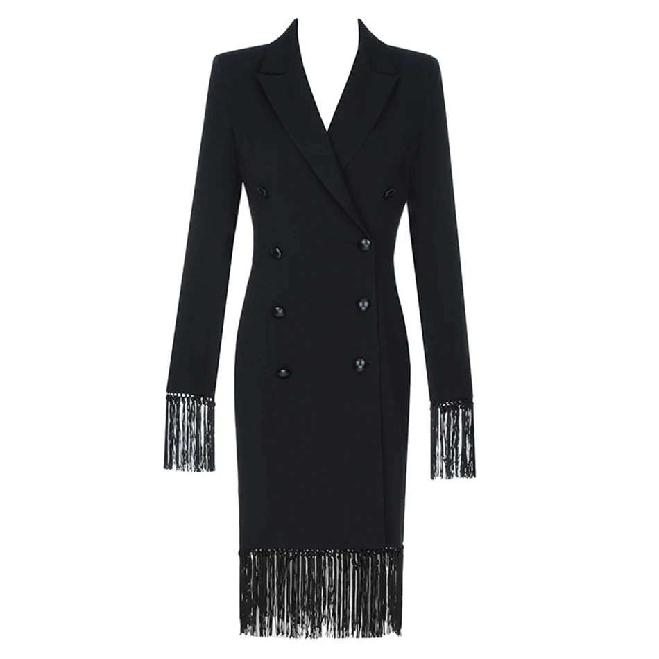 

2019 new elegant black ladies windbreaker jacket long sleeve tassel double-breasted slim dress celebrity party coat Vestidos