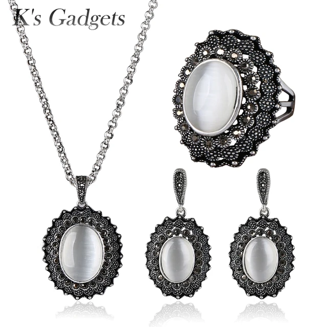 K S Gadgets Oval Natural Opal Stone Jewellery Sets Antique Silver K S Gadgets Oval Natural Opal Stone Jewellery Sets Antique Silver Color Black Cubic Zirconia Pendant