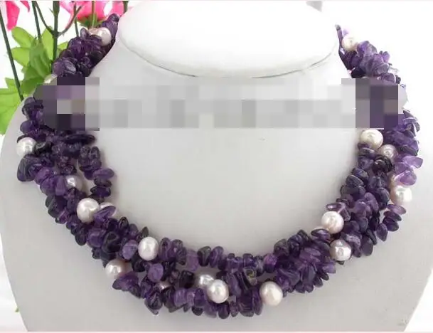 

3388 4strands white freshwater pearl amethyst necklace