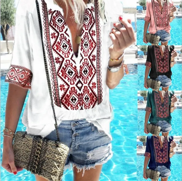 

2019 Bohov Neck Short Sleeve Print Floral Summer T Shirts Women Ethnic Style Loose Casual Tops