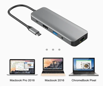 

9 in 1 Type-C Hub To Hdmi Usb 3.0 Sd Tf Pd Rj45 Ethernet Lan Card Reader Adapter