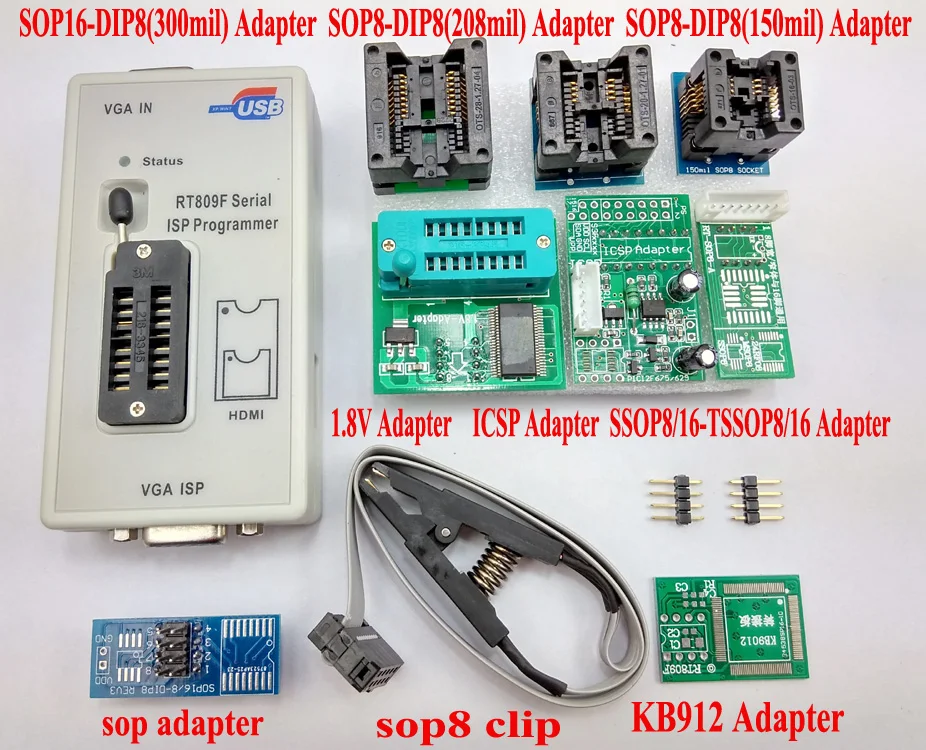 Original RT809F Programmer 8 Adapters IC Clip Clamp 1 8V Adapter VGA LCD Programmer ICSP Board