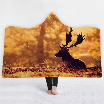 

Sunset in autumn blanket keep Warm soft comfortable Fallen leaves blanket with hat Animal lovely elk cartoon style blanket