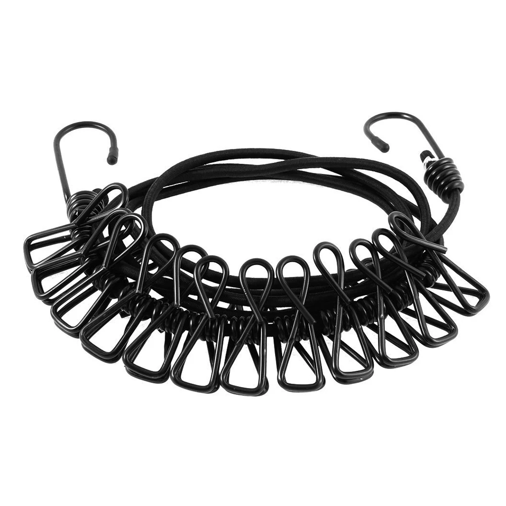 Home Outdoor Elastic Clothesline Rope Line String wtih 12 Clips Black