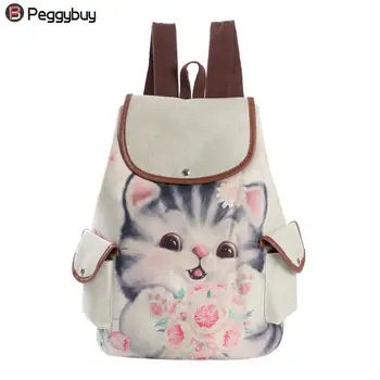 

Casual Canvas School Backpack Women Lovely Cat Printed Drawstring Backpack Teenager Large Capacity Ladies School Bag рюкзак