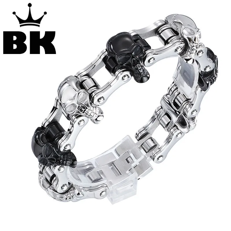 Heavy Mens Bike Chain Skull Bracelet Fashion Stainless Steel Silver
