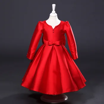 

Princess Girls Long-sleeved Children's Evening Autumn New Europe and The United States Dress Kids Clothing Red Silk