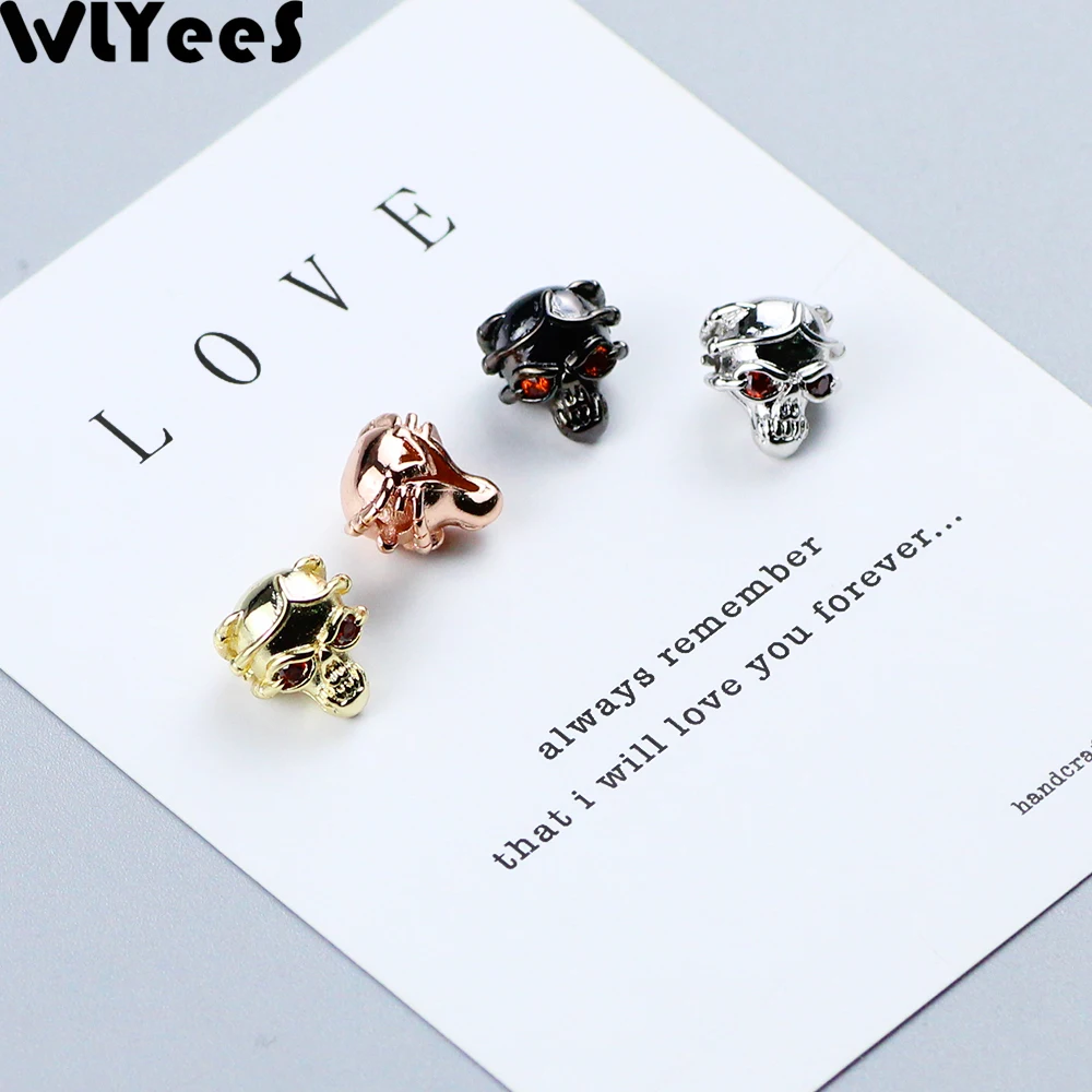 

WLYeeS 2pcs CZ Skull Copper Spacer beads Red Eye skeleton Pendant Inlay Crystal Metal Loose bead For Jewelry making DIY bracelet
