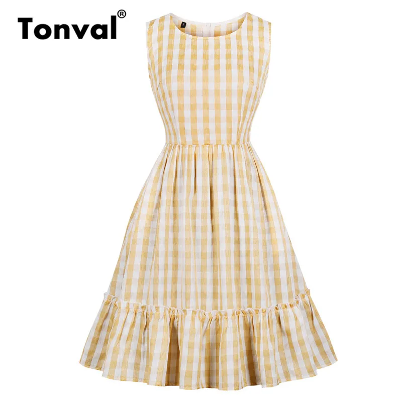 

Tonval Vintage Women Yellow Plaid Pleated Summer Dress O-Neck Pocket Side Casual Ruffle Dress Lady A Line Skater Dresses